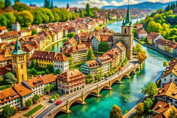 Obraz premium Macro View of Illustrated Bern, Switzerland Map - Detailed Cityscape