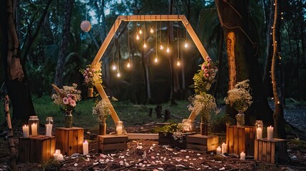 A simple wooden hexagonal arch with hanging light bulbs