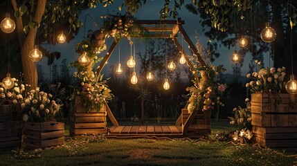 Fototapeta premium A wooden hexagonal arch with hanging light bulbs