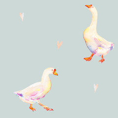 Hand-painted hand-drawn watercolor watercolour cute goose geese hearts pastel sage pattern , textiles prints, nursery, cottagecore animal kids print design happy Easter, clothing bed, office supplies 