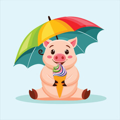 pig licking a colorful swirl of ice cream, sitting under an umbrella