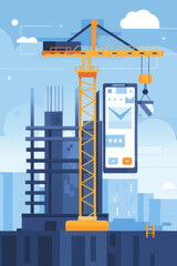 Illustration of a construction crane building a giant smartphone, symbolizing technology development and innovation.