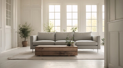 Fototapeta premium Scandinavian living room with warm beige color scheme modern soft couch and expansive windows in natural light setting minimalist Modern Interior Design Inspiration