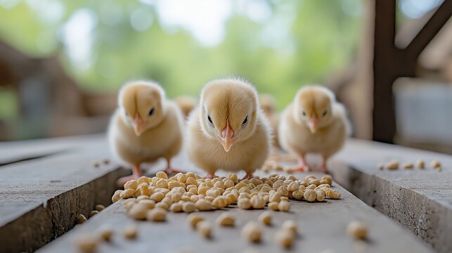 Adorable baby chicks pecking at scattered grains on rustic farm table - Powered by Adobe