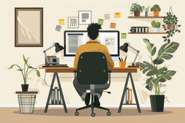 Illustration of a man working at a well-organized desk in a modern office with multiple screens and houseplants.