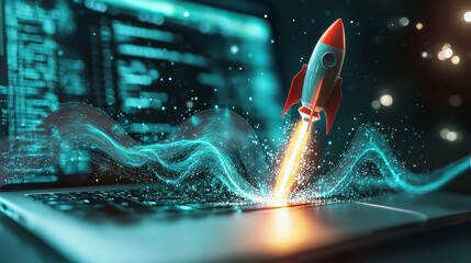An imaginative scene of a rocket taking off from a laptop, enveloped in swirling abstract waves, expressing excitement, innovation, and limitless possibilities in technology and creativity.