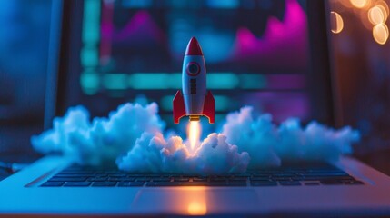 A colorful rocket emerges from a laptop, surrounded by abstract clouds, illustrating the fusion of digital technology and vivid imagination, capturing the essence of innovative aspirations.