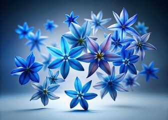 Obraz premium Magical Flying Blue Starflowers, Isolated Celestial Bloom, Fantasy Botanical Illustration
