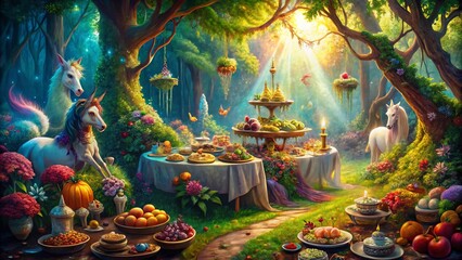 Magical Forest Feast: Unicorns & Mythical Creatures Enjoying a Fantasy Banquet