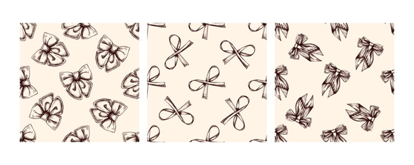 Seamless vintage bow patterns in brown on beige background