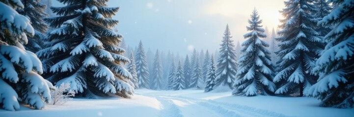 Obraz premium Snow-covered fir trees in a winter wonderland, festive, forest