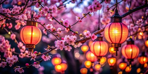 Fototapeta premium Magical Night: Glowing Lanterns & Delicate Cherry Blossoms in Macro Detail