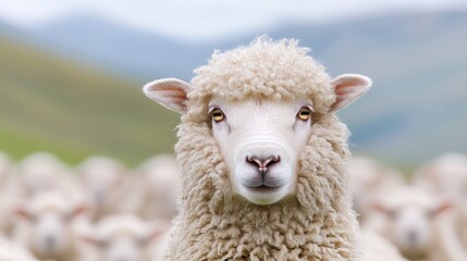 Naklejka premium Sheep in field; focused on single sheep; blurred background of sheep flock; nature