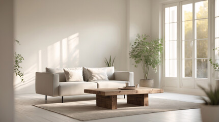 Serene Scandinavian living room with soft beige sofa modern design elements and large windows offering natural light and a welcoming atmosphere Modern Interior Design Inspiration