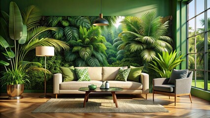 Fototapeta premium Lush Indoor Palm Garden with Botanical Prints