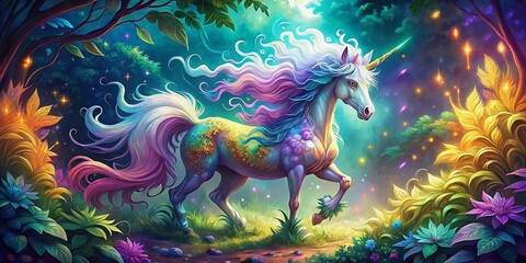 Obraz premium Magical Unicorn Scribble Art with Bokeh, Whimsical Fantasy Hand-Painted Illustration