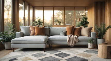 Fototapeta premium Scandinavian living room with warm beige couch modern design elements and expansive windows letting in natural light and enhancing the space Modern Interior Design Inspiration