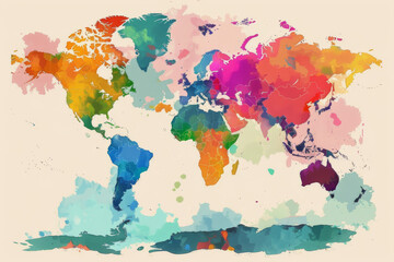 Colorful watercolor world map showcasing continents and countries, blending vibrant hues for a visually stunning effect.