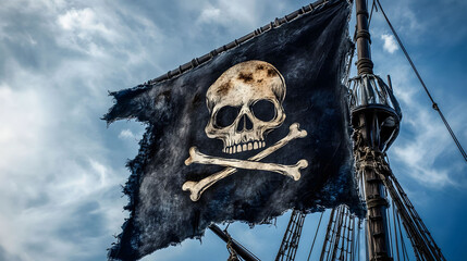 Fototapeta premium A weathered pirate flag, skull and crossbones, flies high against a dramatic sky, a symbol of maritime adventure and rebellion.