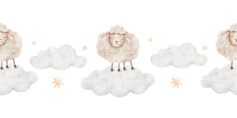 Sheep on clouds among stars. Watercolor isolated nursery seamless border. Kids banner of fluffy beige lamb animal for scrapbook, textile, linen, baby shower, wallpaper