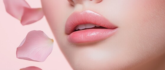 Obraz premium Close-up of a woman's lips. the lips are full and glossy, and the skin appears to be smooth and well-groomed.