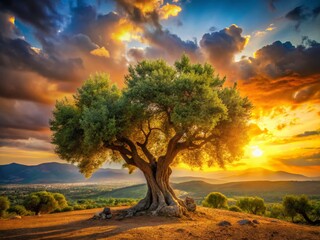 Fototapeta premium Majestic Ancient Olive Tree at Sunset, Mountain Panorama