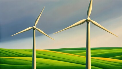 Fototapeta premium two wind turbines standing tall in a field of rolling hills, representing clean energy and a sustainable future. The sky above is filled with clouds, adding drama to the scene 