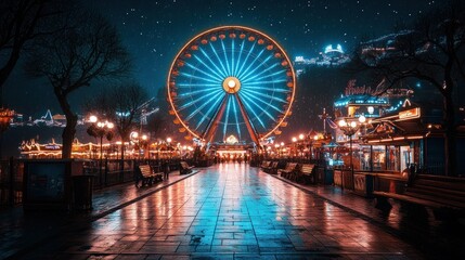Night Ferris wheel, amusement park, city, reflection, travel