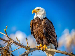 Majestic Bald Eagle Perched on Branch, Clear Blue Sky Minimalist Photography