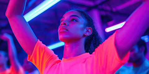 Fototapeta premium Young Woman in Neon-Lit Room