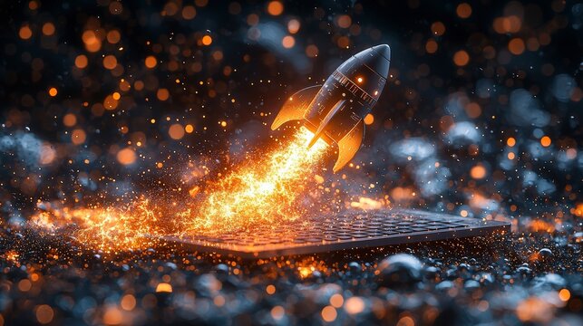 A vibrant digital art piece showcasing a rocket launching from a laptop keyboard, surrounded by sparkling effects and a cosmic atmosphere, conveying innovation and exploration.
