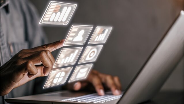 A medium closeup of shimmering holographic icons representing various data sources being integrated with a user gesturing to combine them into a cohesive dashboard.