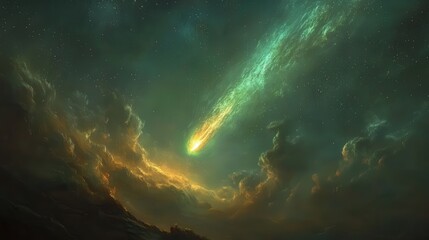 Fototapeta premium comet streaking across the sky, with its bright nucleus and glowing green coma trailing a magnificent tail of ionized gas