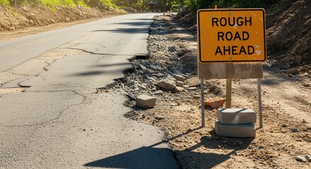 Rough Road Ahead Sign on Damaged Asphalt Street During Construction