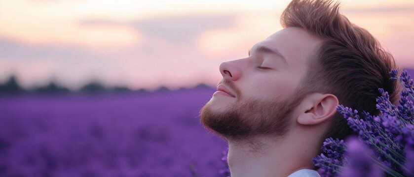 Young man with a beard and short hair, standing in a field of lavender flowers. he is wearing a white shirt and has his eyes closed, as if he is taking in the peacefulness of the moment. - Powered by Adobe