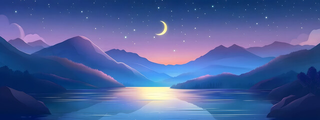 Flat vector illustration of a night landscape with a moon and stars, a lake surrounded by mountains
