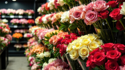 In the window of a flower shop, beautiful bouquets of flowers stand in vases. The concept of a women's holiday.