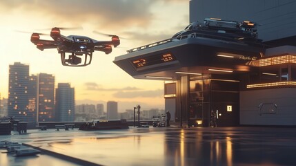 police station with autonomous surveillance drones and AI-powered crime prediction.