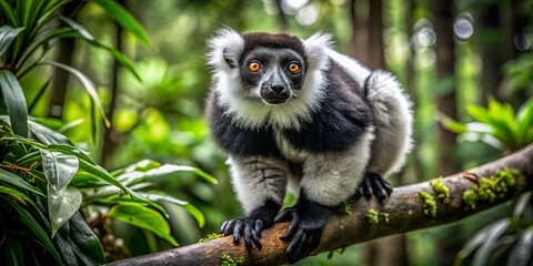Fototapeta premium Majestic Black and White Lemur in Wild Habitat - Aerial Drone Shot