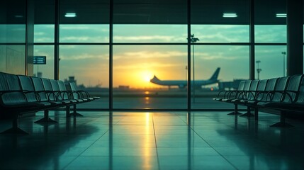 Fototapeta premium Airport waiting area with chairs and sunset through window.