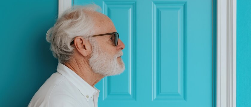 Elderly man with white hair and a white beard, wearing a white collared shirt and black-rimmed glasses. he is standing in front of a turquoise blue door with a white frame. - Powered by Adobe