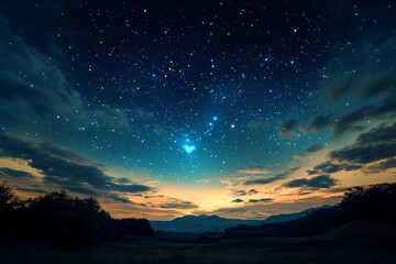 Fototapeta premium The heart-shaped arrangement of bright stars in the night sky evokes a sense of romantic magic, set against the backdrop of the outer space galaxy, ideal for a Valentine's Day card