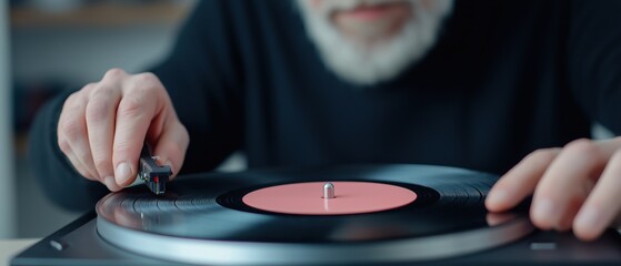 Close-up of a person's hands playing a vinyl record on a turntable. the person is wearing a black shirt and has a white beard. the record is black and has the label "lp" on it.