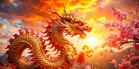 Obraz premium Majestic Chinese Dragon Statue Double Exposure: Lunar New Year Celebration