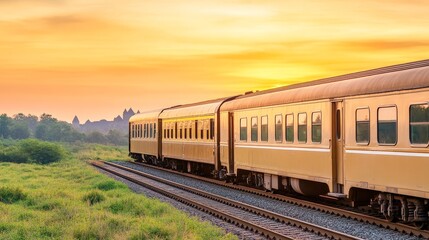 Fototapeta premium Vintage Train Journey at Sunset Over Scenic Landscape