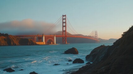 Golden Gate Bridge at sunrise, with its red-orange towers emerging from the thick morning fog.