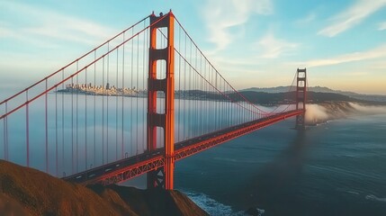 Obraz premium Golden Gate Bridge at sunrise, with its red-orange towers emerging from the thick morning fog.