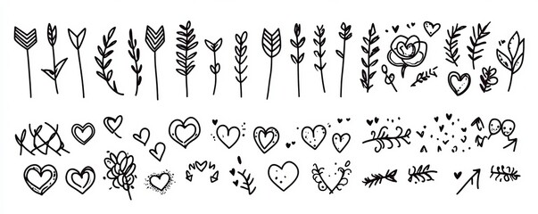Decorative romantic dividers and hand drawn doodles with heart shapes and arrows are combined with a handwritten love doodle to create a drawing style wedding decoration