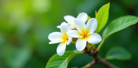 Fototapeta premium Delicate white frangipani blooms on a tropical tree branch, blossoms, tropical