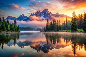 Majestic Dawn: Mountain Lake Reflection Double Exposure Stock Photo